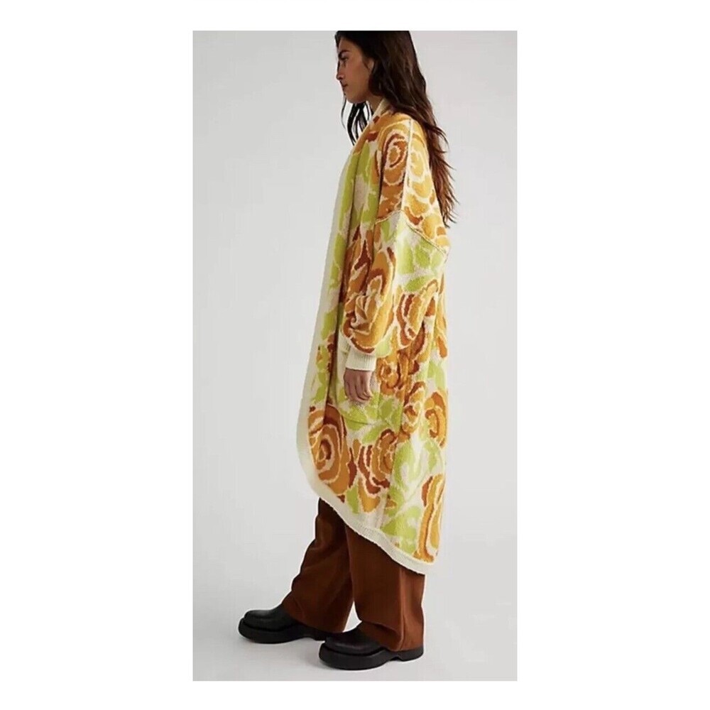 FREE PEOPLE Bloom Cardi Sweater Size Small Floral Ivory Yellow Bold Boho Chic